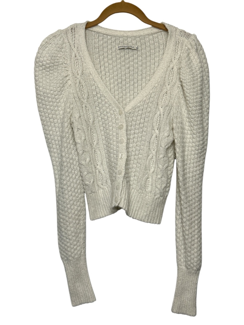 Abercrombie & Fitch Ivory Cable Knit Puff Sleeve V-Neck Cardigan Sweater Sz S